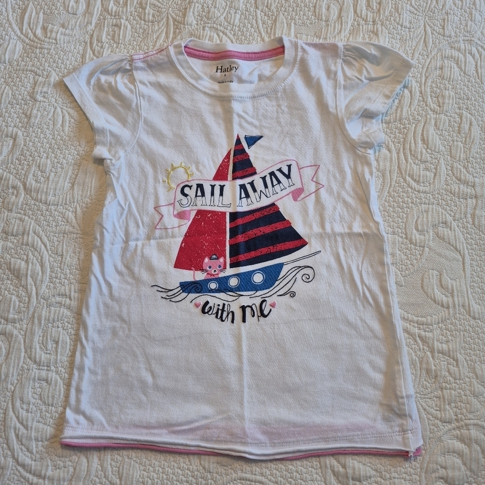 Hatley girls size 8 white sailboat short sleeve shirt VGUC